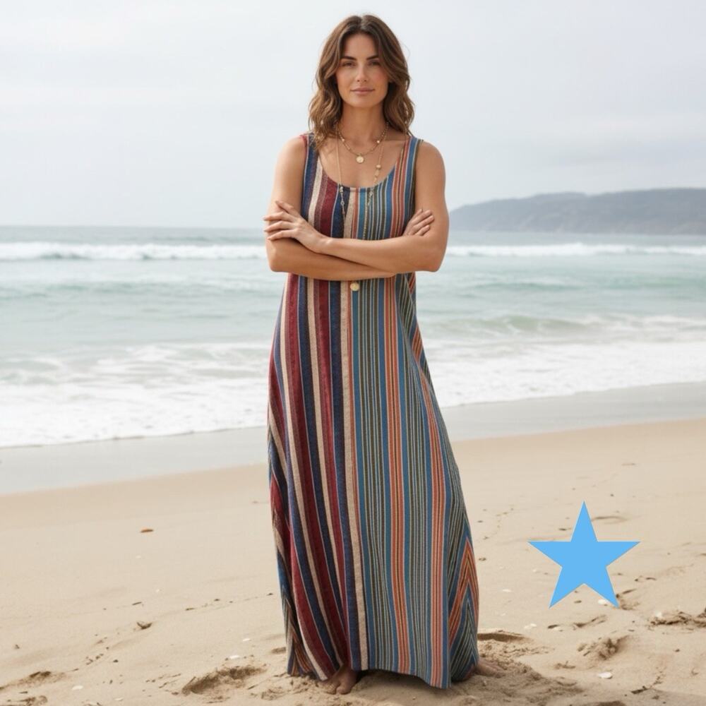 Simple Suzanne Betro Sleeveless Blue Wine Stripe Tank Maxi Shift Summer Dress S